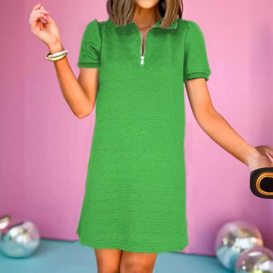 European & American Women's Summer 2024 Elegant Loose Turn-down Collar Zipper Short Sleeve Dress