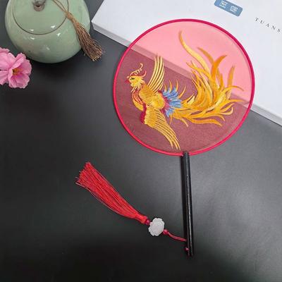 Creative Embroidered Silk Fan Cute Panda Chinese Style Embroidery Round Fan Wooden Handle with Tassels Hanfu Tuan Fan