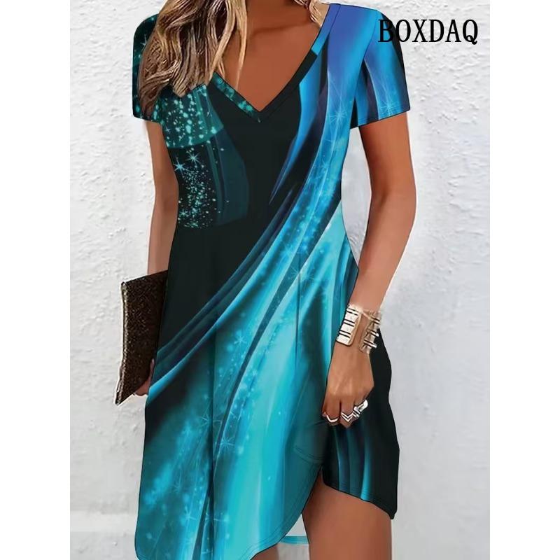 New Women Fashion Striped Dress Plus Size V-Neck Short Sleeved Casual Loose Dress Summer Casual Woman Clothing