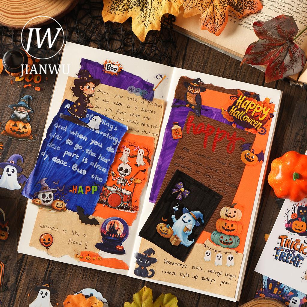 JIANWU Halloween Castle Series Vintage Dark Skull Pumpkin Landscape Material Collage PET Sticker Creative DIY Journal Stationery