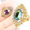 Kvinner regnbuefarge Big Ellipse Glass Rhinestone Hollow Party Ring Gavesmykker