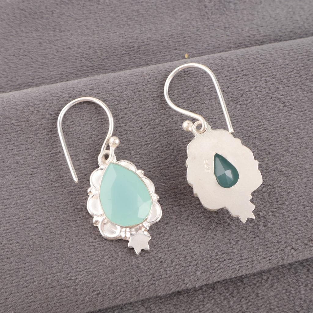 Kamień szlachetny Chalcedon Akwamarynowy Srebro Próby 925 Biżuteria Ręcznie Robione Kolczyki 1,6" Dla Niej EE-163-18