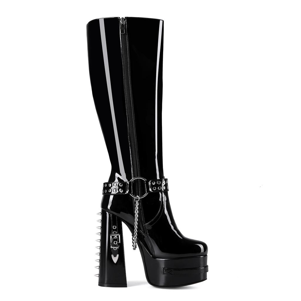 14.5cm Slim Fit Women Thigh High Boots Rivets Chains Platform Thick High Heels Boots Full Zip Shoes Woman Big Size 41 44 47