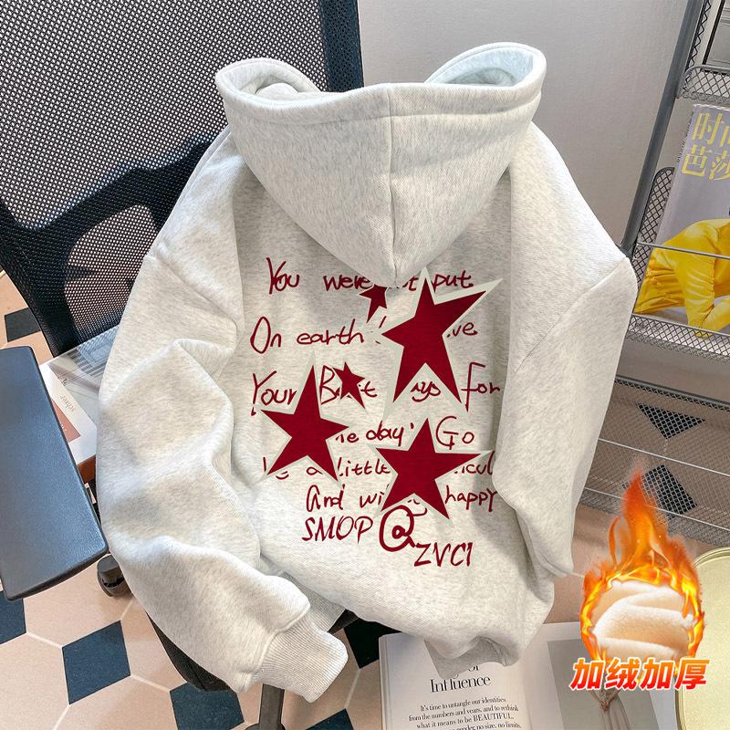 Printed Hooded Sweater Men's American Loose Heavy Autumn and Winter Couple Fleece Thickened Hoodie Jacket