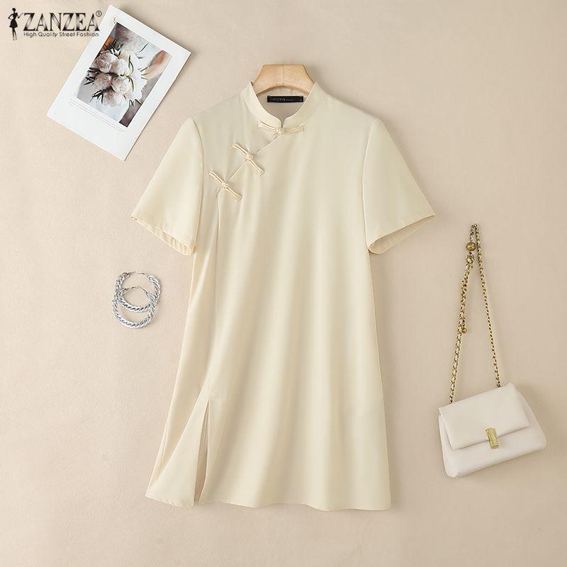 ZANZEA Damen Freizeit Stehkragen Sommer Kurzarm Kleid