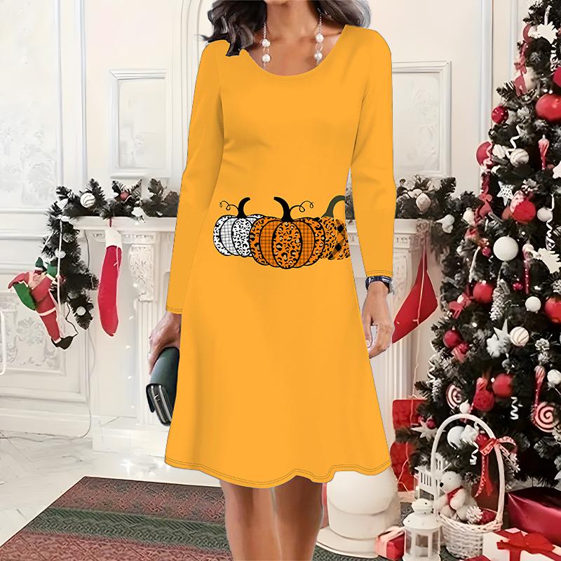 2025 Herbst & Winter Damen Neues Lässiges Rundhalskleid 3D Halloween Muster Ideales Halloween Weihnachtsgeschenk