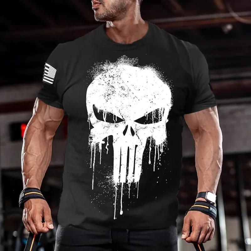 Military Patriotic Skull 3D Printed Men's T-shirt, Large Autumn T-shirt, Short Sleeved Sportswear