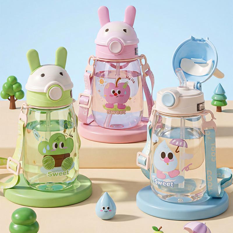 Water bottle new cartoon rabbit children's plastic kindergarten school special kettle straw cup students portable strap