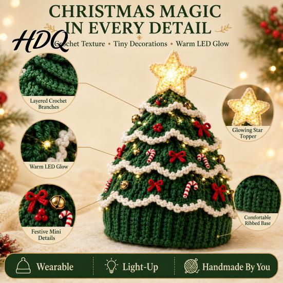 Parent Child Interaction Craft Christmas Tree Crochet Hat DIY Kit Beginner-Friendly Light-Up Kit Complete with Yarn Tools Guide for Holiday