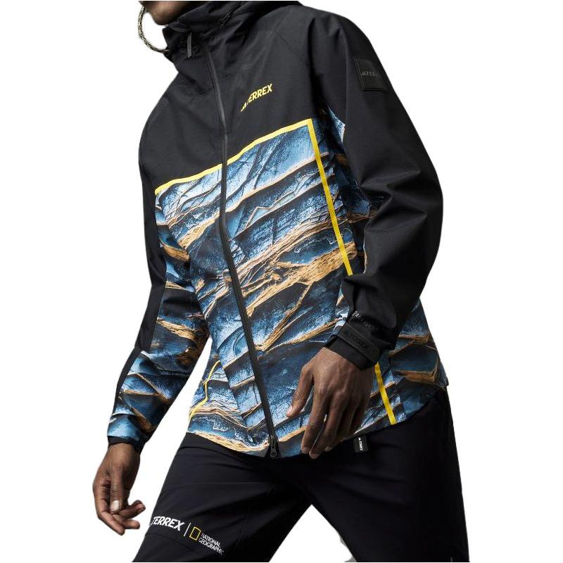 Adidas Terrex National Geographic Collaboration Logo Pattern Hooded Softshell Waterproof Windproof Breathable Jacket Men Jacket Black IC1979