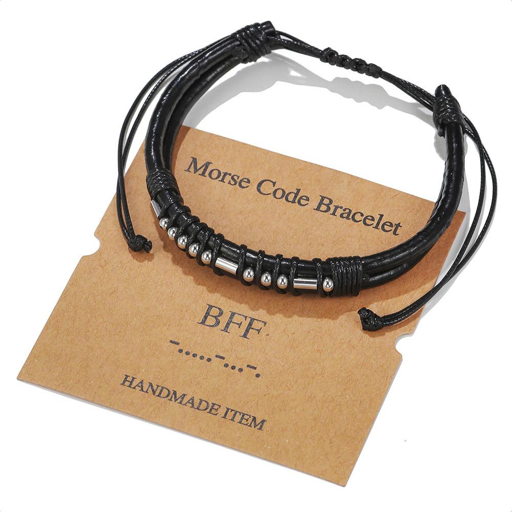 Morse-Code Lederarmband mit Edelstahl-Anhängern für Paare und als Geschenk