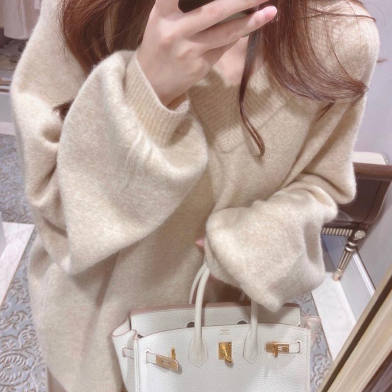 Fortschrittlicher V-Ausschnitt-Pullover für Damen Herbst und Winter Pullover Lazy Style Strickpullover Koreanische Version Einfarbiges Basic-Oberteil