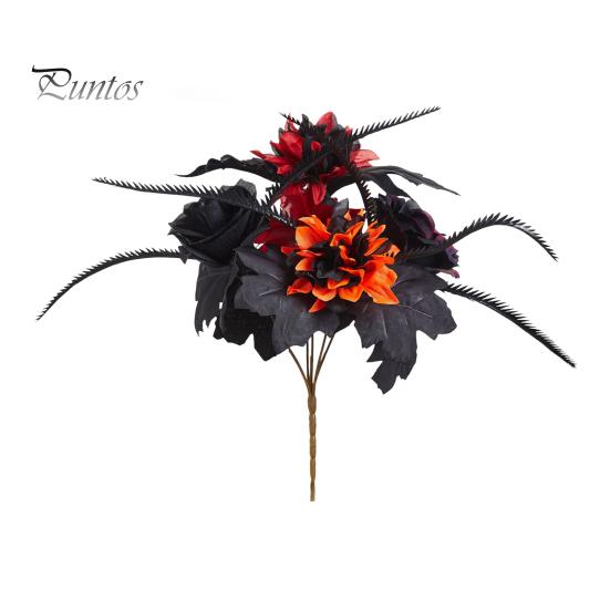 Fall Floral Arrangement Halloween Artificial Flower, Faux Sunflower Rose Bouquet with Black Harvest Party Decoration Maple Leaves, Autumn Fake