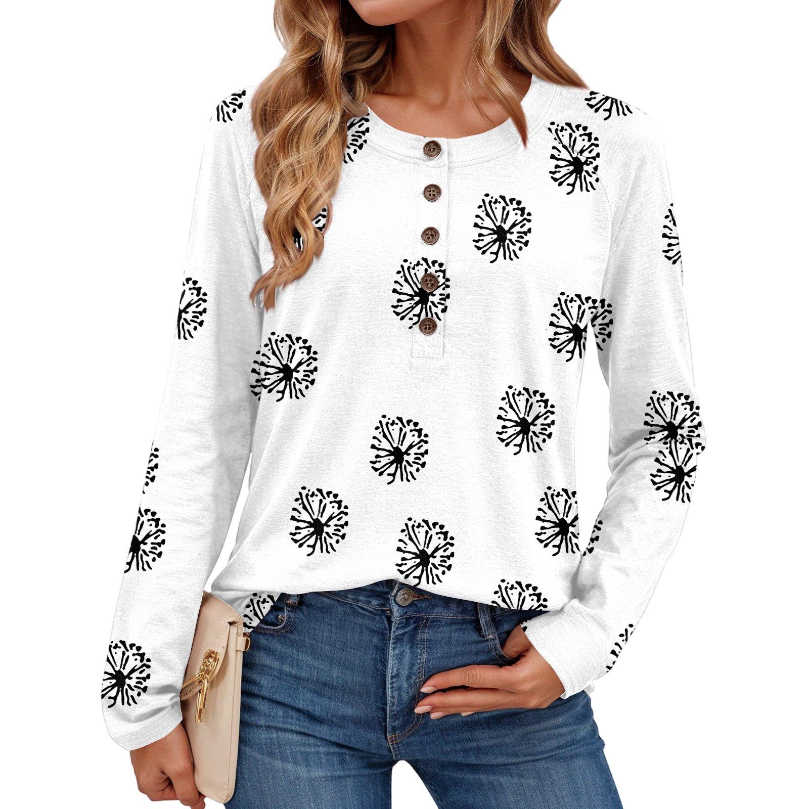 

Женский модный винтажный топ с цветочным принтом, круглым вырезом и длинными рукавами XL белый