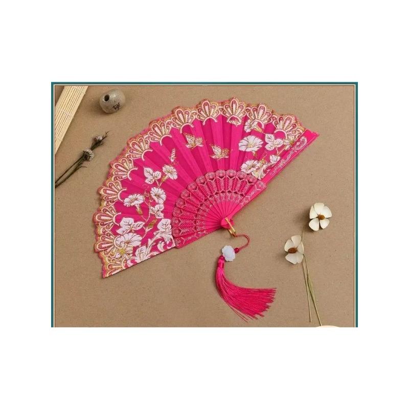 1Pc Chinese Ancient Style Flower Women Folding Fan with Tassel Fringe Hanfu Cheongsam Dance Fan Photo Props Summer Handheld Fan