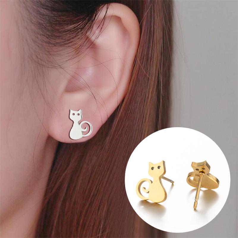 Japanese Korean Cute Cat Star Stud Earrings - Stainless Steel Animal Ear Accessories