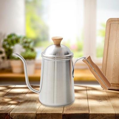 Czajnik do kawy ze stali nierdzewnej z cienkim otworem i drewnianym uchwytem, 650 ml, długi, wąski, gęsia szyjka, do herbaty w domu