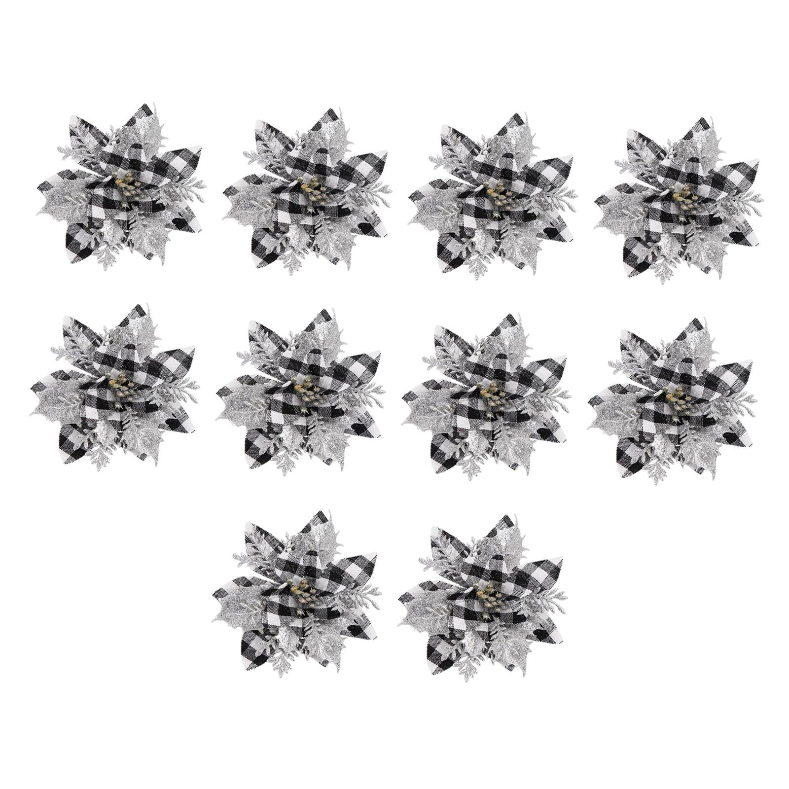 

10Pcs Christmas Poinsettia Xmas Artificial Flowers Glitter Flowers 5.7inch for Christmas Tree Holiday New Year Winter Wedding черный белый