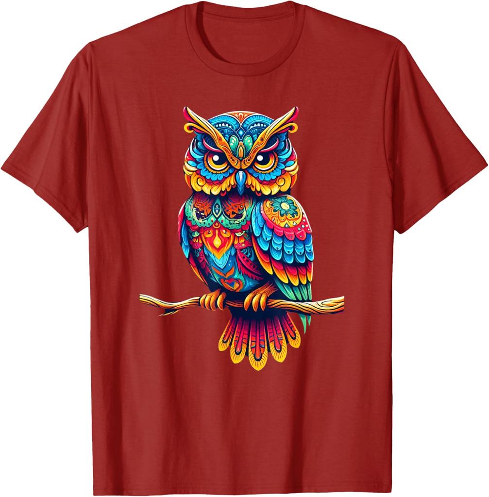 Colorful Psychedelic Owl Perched on Branch Graphic T-Shirt Casual Cotton Tee for Men