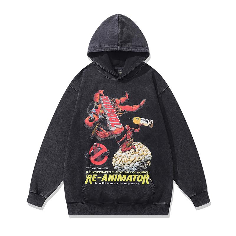 American High Street Trendy Sweater Cartoon Retro Printing Heavy Washing Loose Hooded Sweater Jacket Men And Women