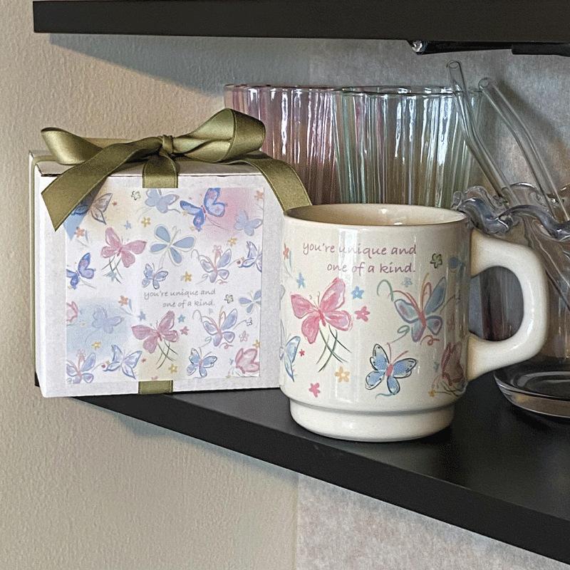 Homemade Atmosphere, Niche Childlike Fun, Spring And Summer Painted Lines, Butterfly Ceramic Cup, Coffee Cup, Water Cup 340M
