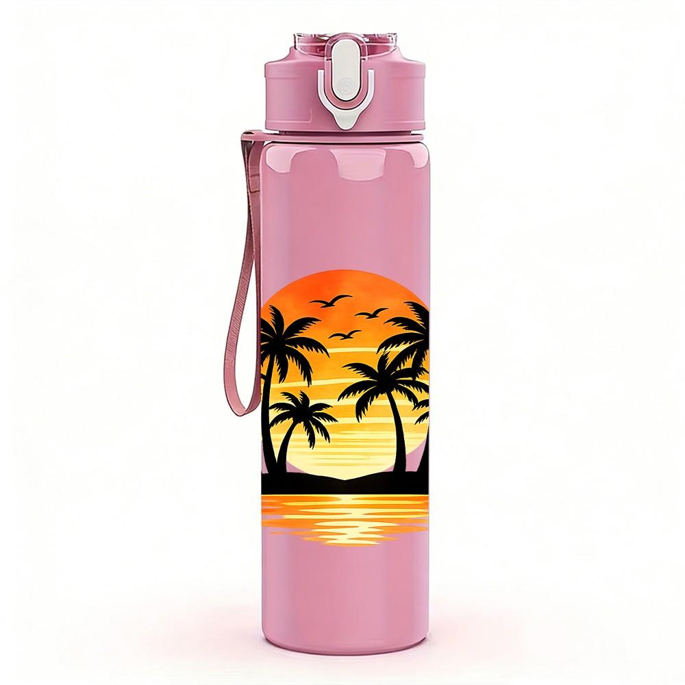 1PC Palm Tree Sunset Tropical Scenery Print 750ml Color Plastic Sports Water Bottle Leakproof Flip Straw Lid Suitable for Sports Office Home Use