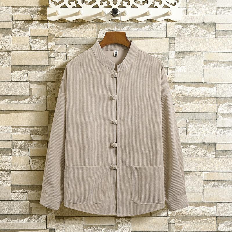 Spring and Autumn Large Size Retro Corduroy Long Sleeve Shirt Jacket Chinese Style Ancient Costume Button Top Tai Chi Clothing