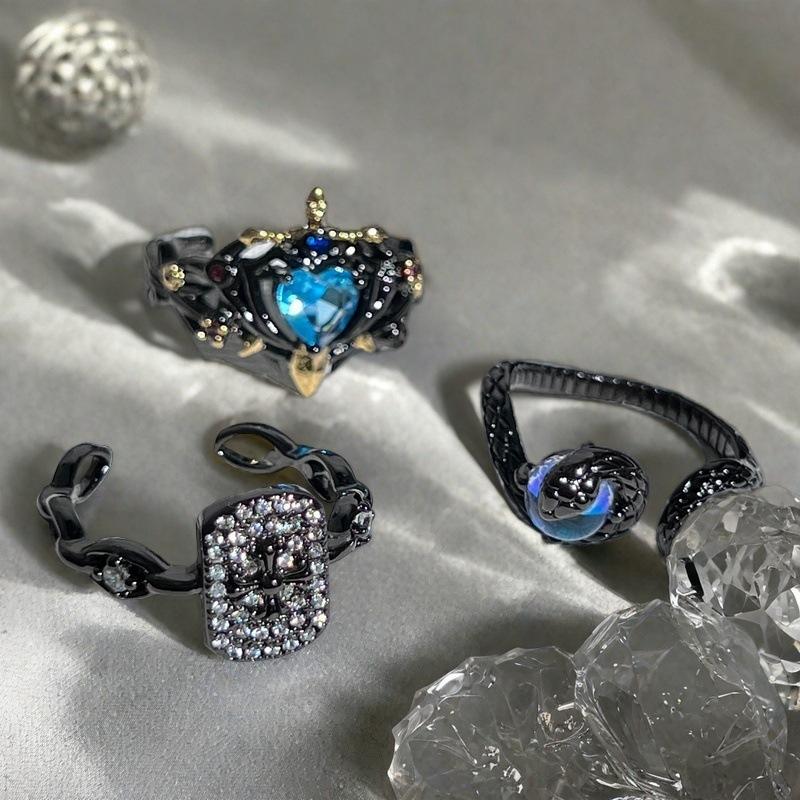 Love Sea Blue Zircon Dark Punk Style Personality Snake Open Ring Fashion Moonstone Niche Design Ring