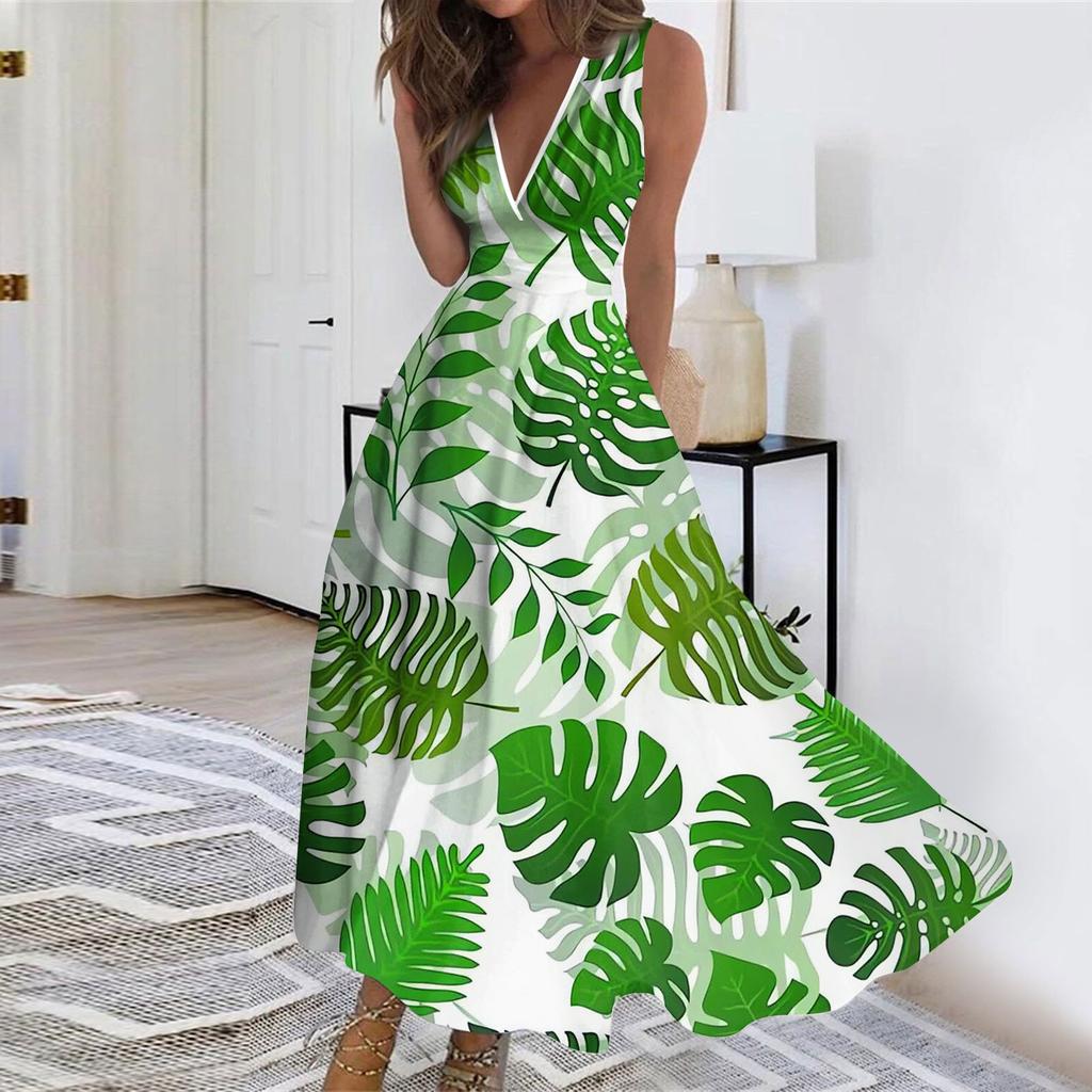 Women's Fashion Summer Floral Print V-Neck Sleeveless Tunic Casual Dresses