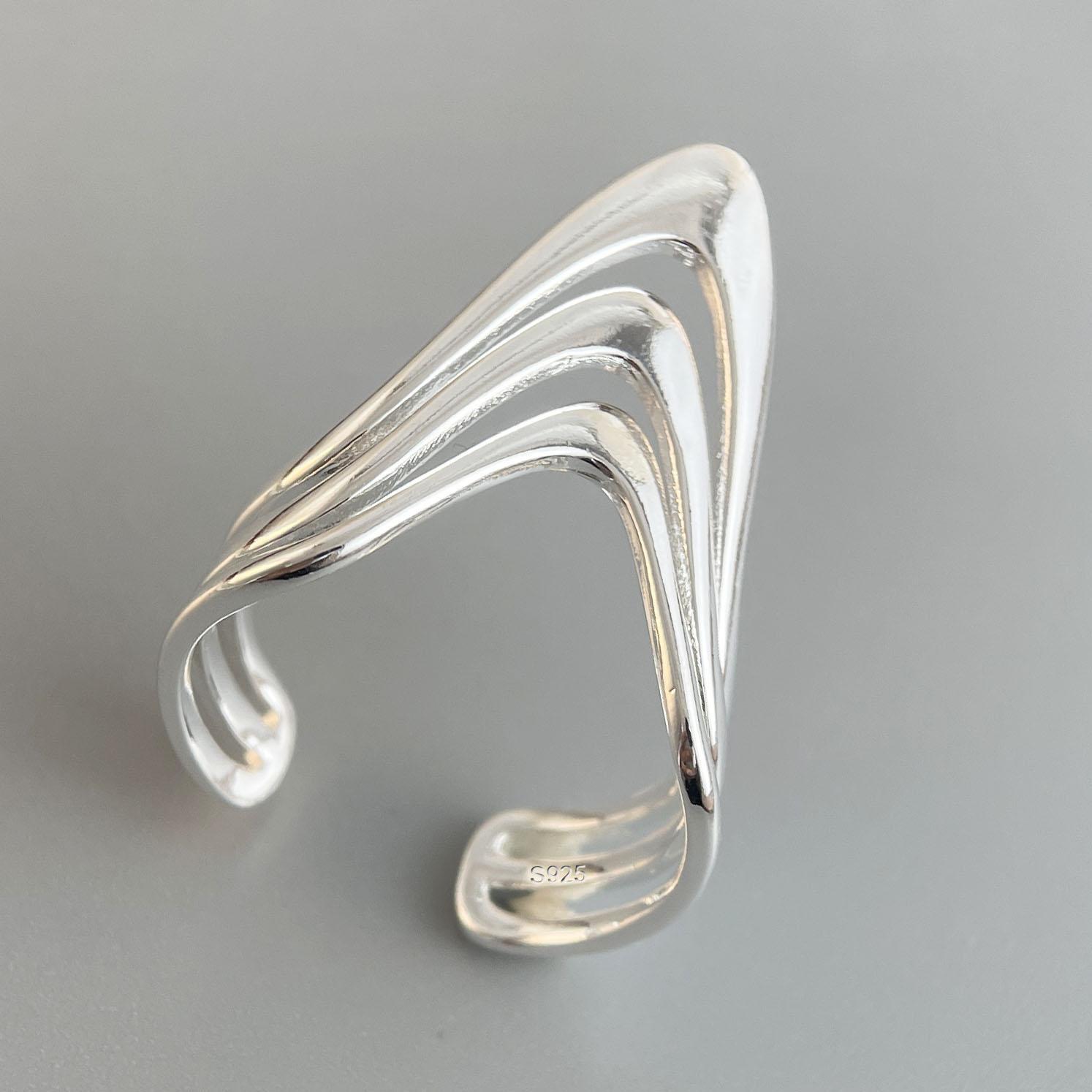 

925 Sterling Silver Rings for Women Couple Minimalist Handmade Simple Wave Line V Shape Ring Fine Jewelry Gift Prevent Allergy resizable