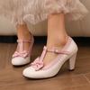 Women Lolita Mary Janes Pumps Round Toe Thick High Heels Buckle Bow T-tied Kawaii Ladies Fashion Cosplay Shoes Spring Autumn 46