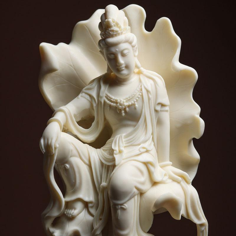 Lotusblad harpiksfigurstatue, Guanyin Bodhisattva, kunstskulptur, høy kvalitet, hjem, stue, rom, kontor, feng shui-sta