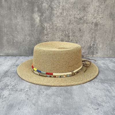 Ethnic Style Short Brim Flat Top Straw Hat Women'S Summer Travel Vacation Bohemian Flat Edge Sun Hat Fashion Top Hat