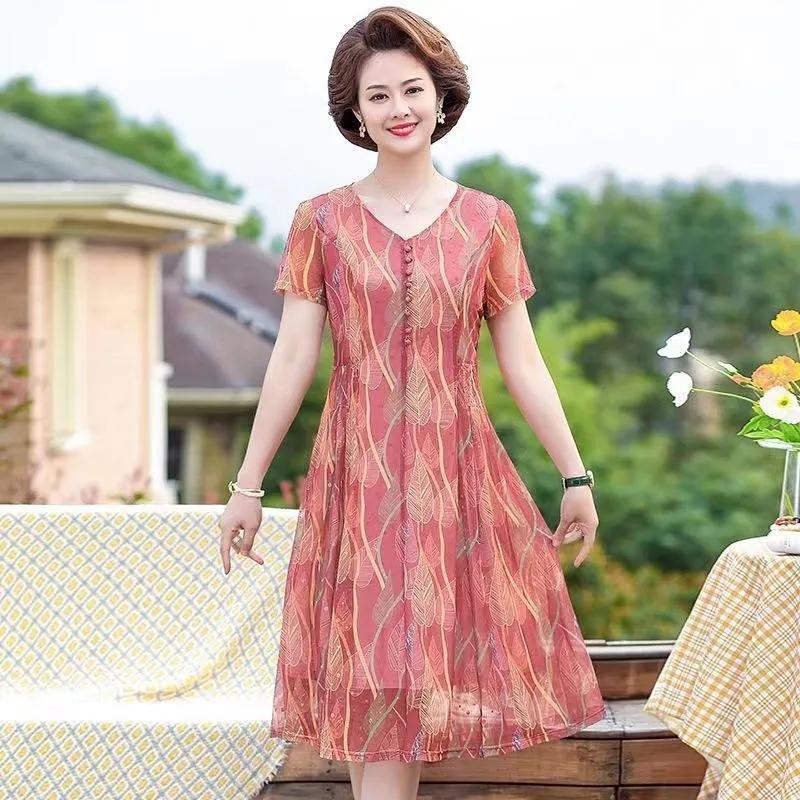 Middle-aged Mother Temperament Floral Dresses Summer In The Elderly Large Yards Concealed Chiffon Long Dress
