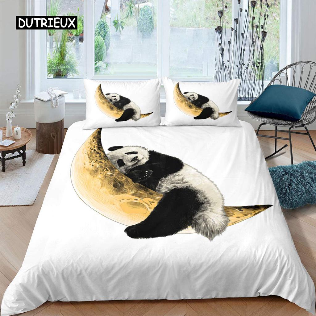 Panda Duvet Cover Set Cherry Blossoms Cute Animal Bedding Set Flower Branches Cartoon Double Queen King Polyester Quilt Cover