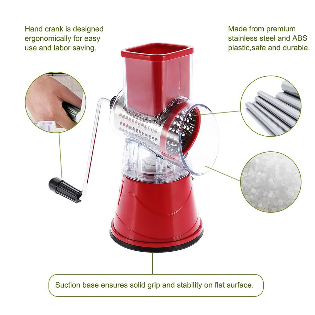 Răzătoare Manuală cu Tambur Rotativ Oțel Inoxidabil Răzătoare Brânză Tăietor Legume Instrument de Feliere Tocător Roșu