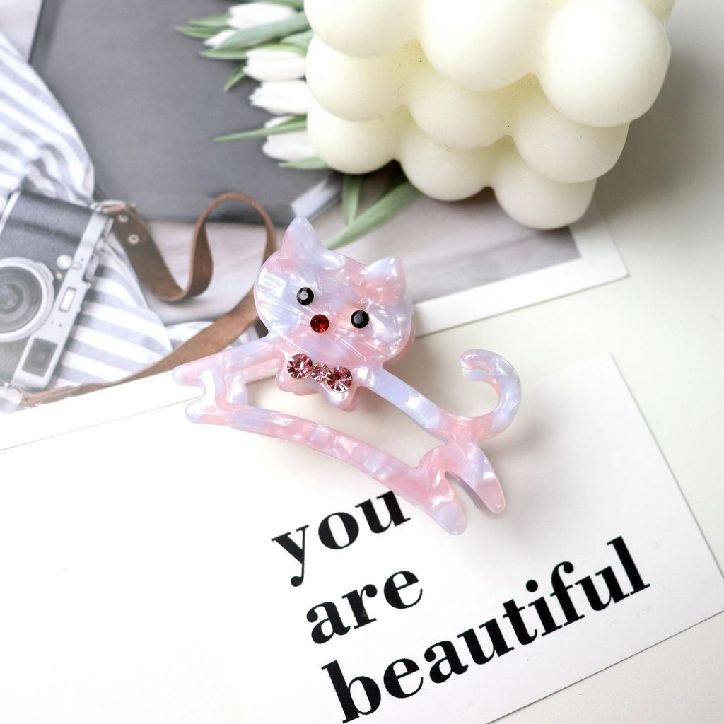 1 Pcs Premium Feeling 6cm Acetate Hair Clip Medium Cute Pet Shark Clip with Rhinestones Cat Mouse Scratch Clip