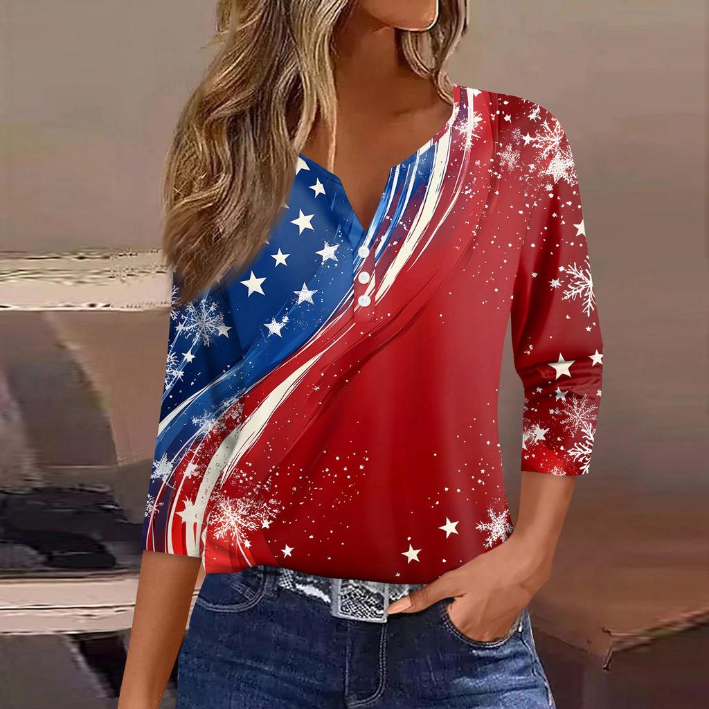 Women's T Shirt Independence Day Print Button 3/4 Sleeve Daily Weekend Fashion Basic V- Neck Regular Top