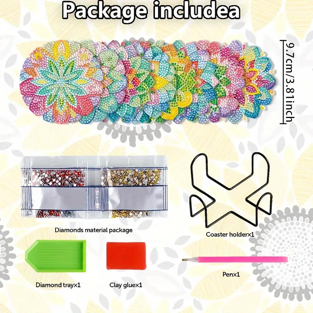 8 Pieces/set of Diamond Flower Patterned Coasters, DIY Coasters with Holder, Suitable for Beginners and Adults, Art and Craft Supplies Gifts