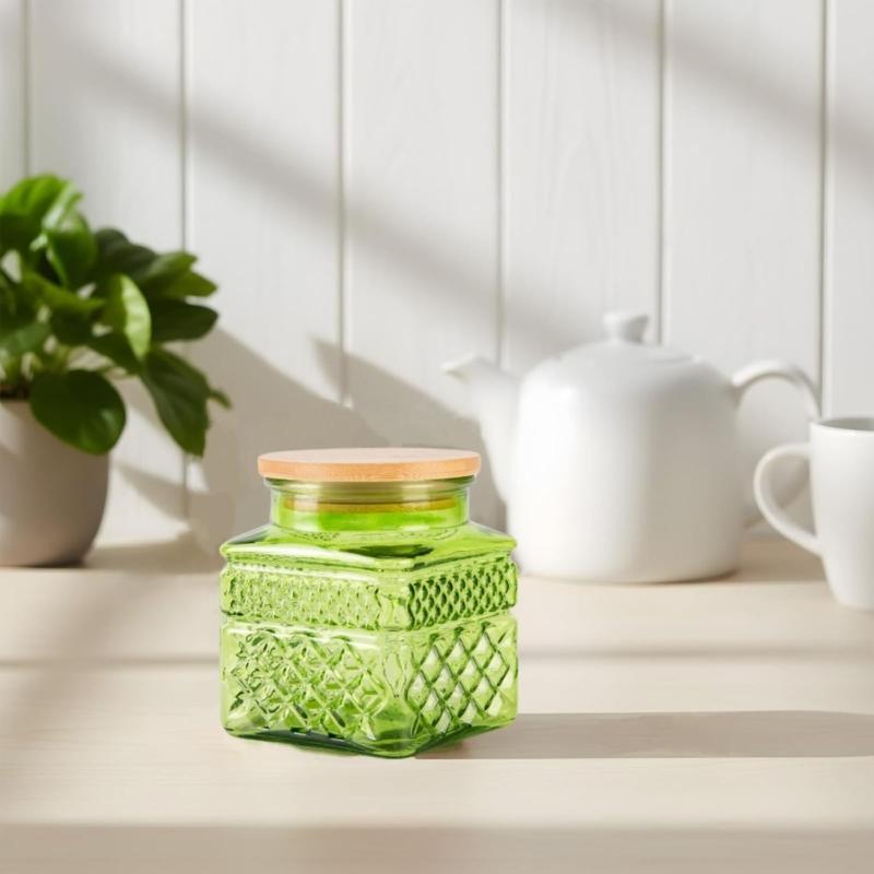 Glazen Bewaarpot Met Bamboe Deksel Voor Keukenorganisatie En Decoratie Geometrisch Patroon Koekjesbus