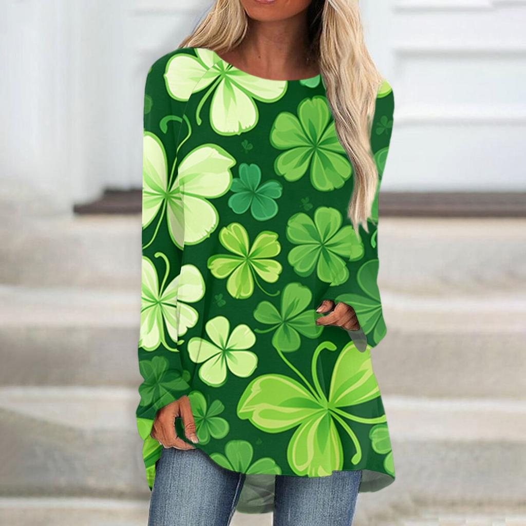 Moda casual pentru femei St. Bluză cu mâneci lungi, lungime medie, cu imprimeu de Ziua Sfântului Patrick
