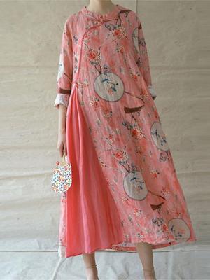 Women Retro Fashion Print Stand Plate Buckle Cheongsam Dresses Summer Cotton Linen Three Quarter Sleeve Dress