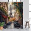 Autumn Paris Shower Curtain: Eiffel Tower, vintage cars, red-awned buildings, fall foliage, 12 hooks, washable, polyester