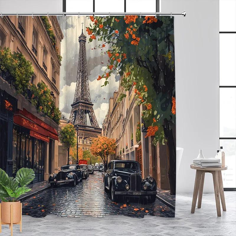 Autumn Paris Shower Curtain: Eiffel Tower, vintage cars, red-awned buildings, fall foliage, 12 hooks, washable, polyester
