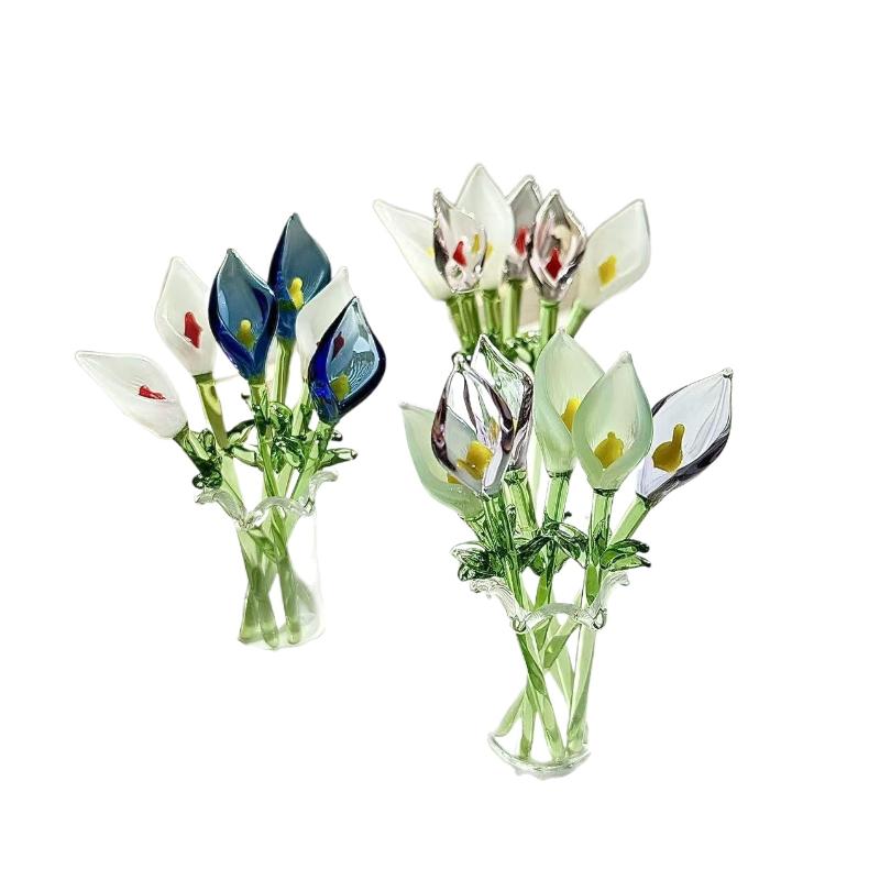 Latest Handcrafted Glass Callalily With Stem Hand-Blown Mini Glass Flower Figurine Decoration Home Colorful Floral Ornament