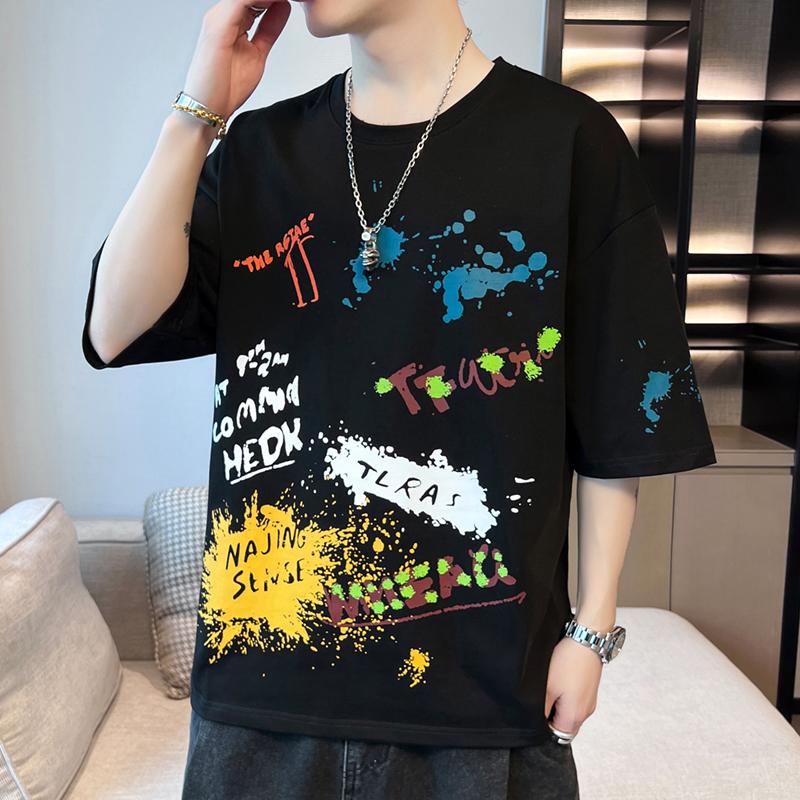 Summer Streetwear Graffiti Printed Short Sleeve T-shirt Men Casual Fashion Loose Pullovers Tee Top
