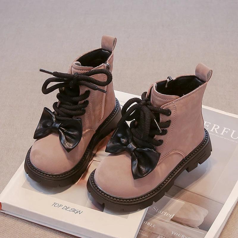 2024 Children Leather Shoes for Girls Winter New Fashion Korean Style Sweet Bowtie Soft Sole Anti-slippery Versatile Short Boots