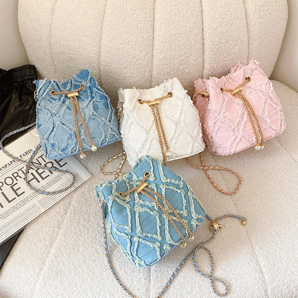 Women's Fashion Denim Crossbody Bag Diamond Quilted Shoulder Purse with Chain Strap & Drawstring Closure for Daily Use Commute