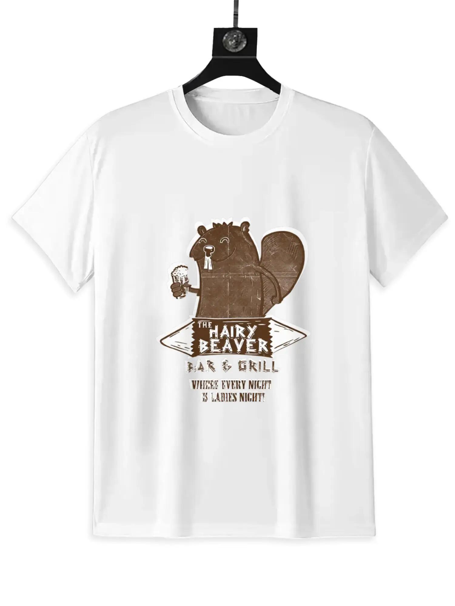 Hairy Beaver Bar and Grill Funny Beaver Drinking Graphic Tee Unisexs Cotton TShirt S