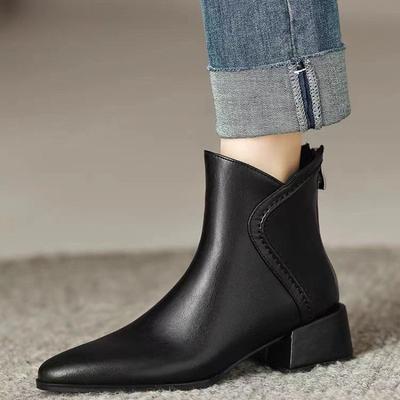 Fashion Fashionable Pointed Toe Thick Heel Women's Short Boots 2024 Autumn and Winter New Solid Color Back Zipper Design Fashion Boots